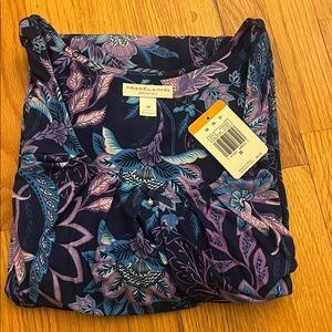 NWT Miss Elaine Black Floral Print  Nightgown with Purple & Blue Accents